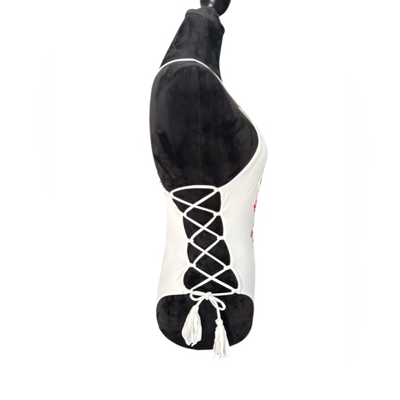 Tobi White Embroidered Floral One Piece Swimsuit XS Deep V Plunge, Lace-Up Sides - Picture 10 of 16